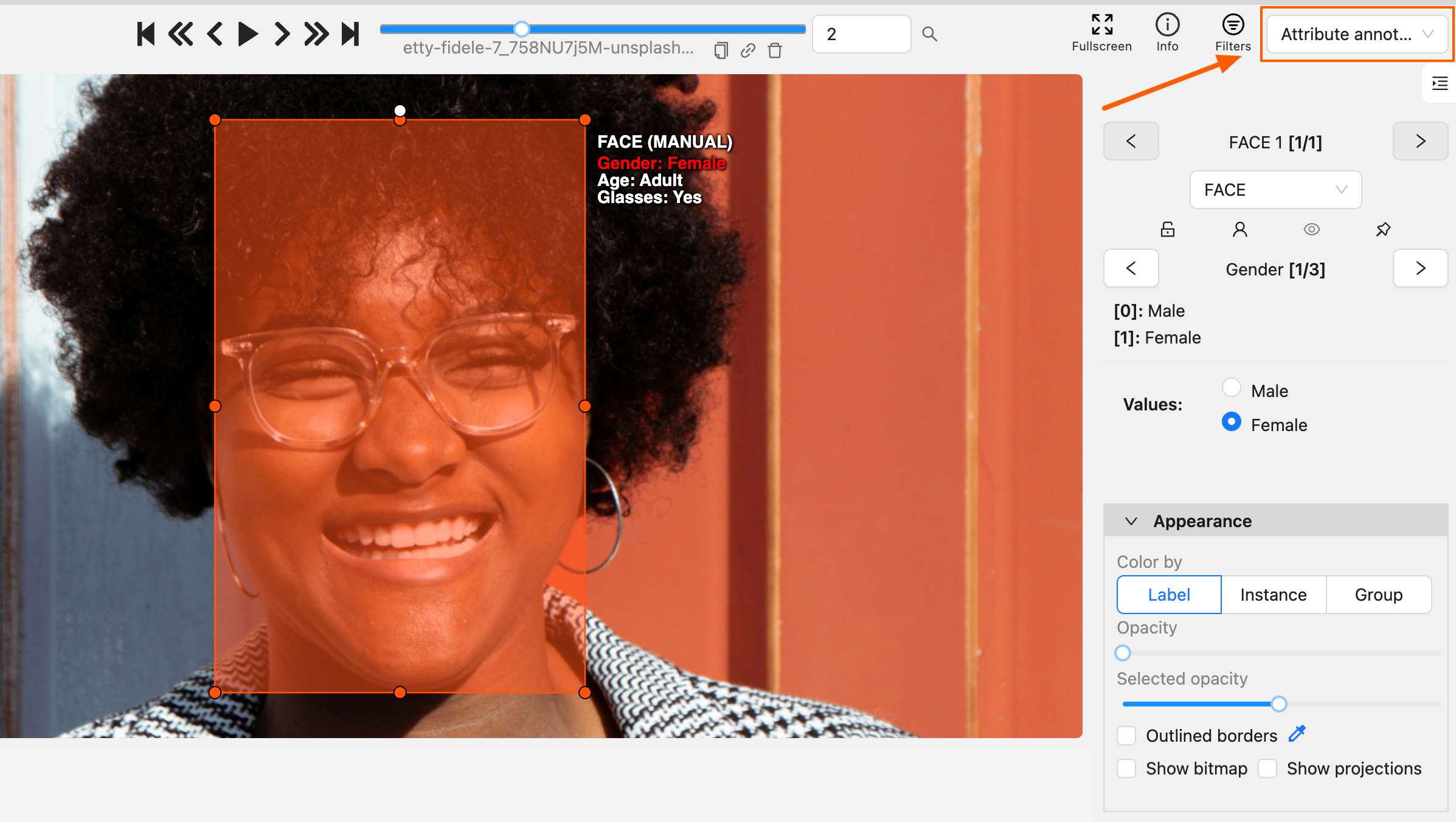User interface with opened menu for changing annotation mode