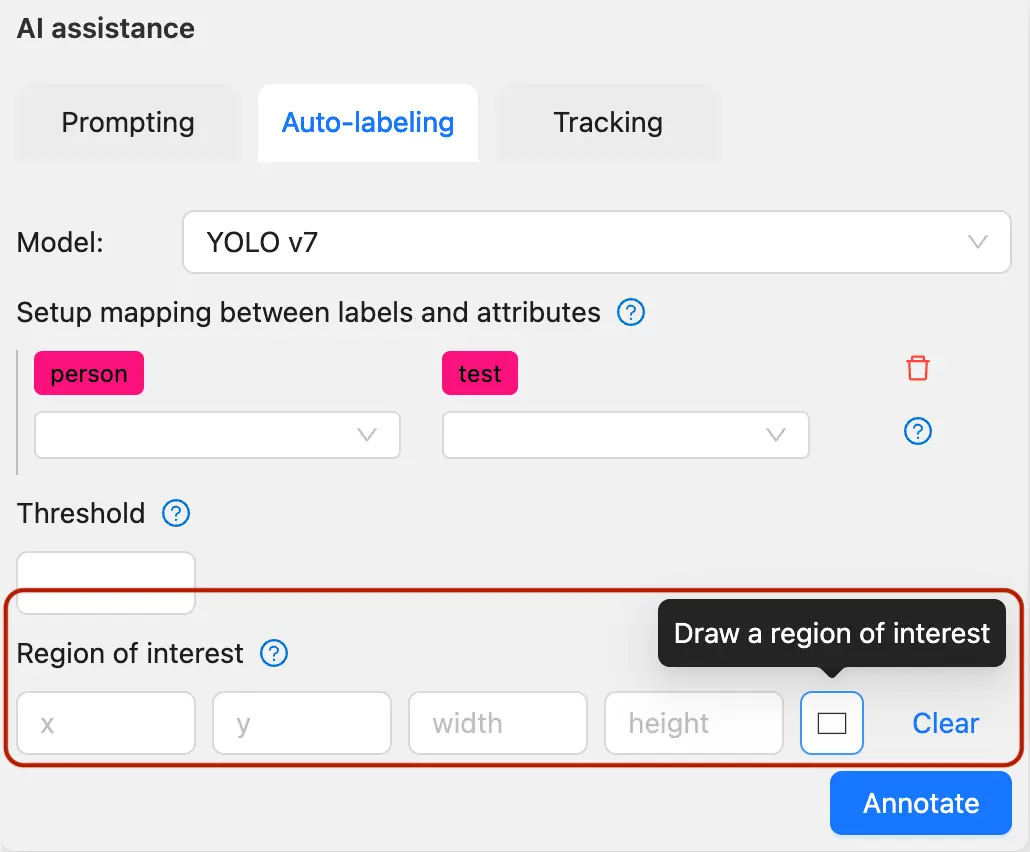 Auto-labeling tab with region of interest controls highlighted