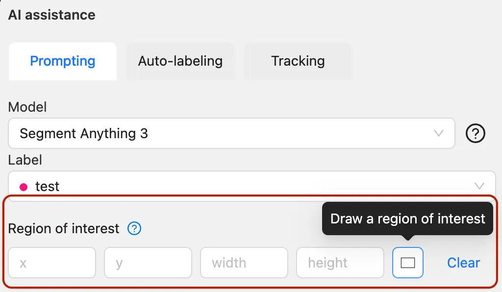 Prompting tab with region of interest controls highlighted