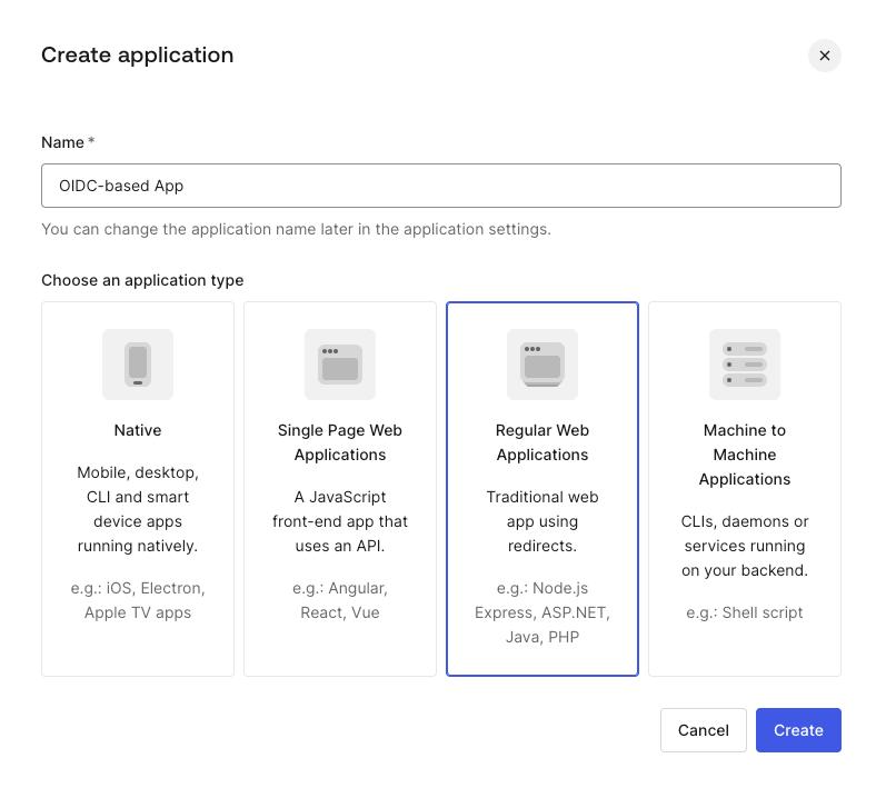 Auth0 dashboard screen showing a completed form for creating an OIDC-based application