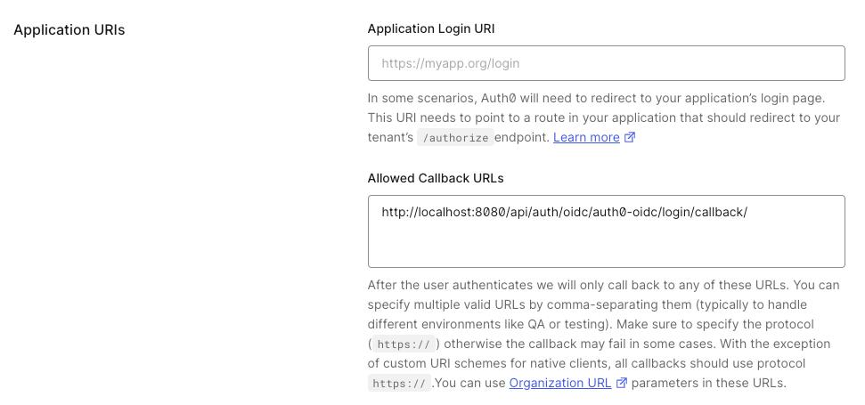 Auth0 dashboard screen showing Allowed Callback URLs configuring for the created OIDC-based application