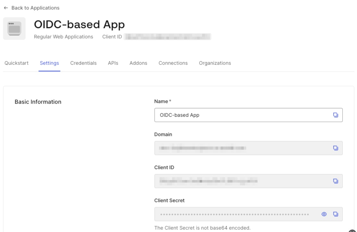 Auth0 dashboard screen showing the section with the basic information for the created OIDC-based application