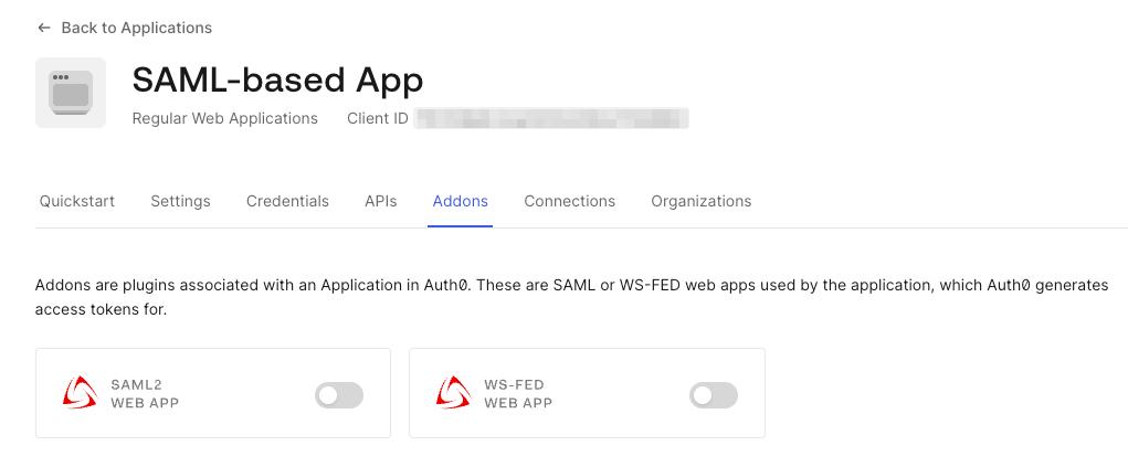Auth0 dashboard screen showing SAML2 WEB APP plugin on the Addons tab for the created SAML-based application