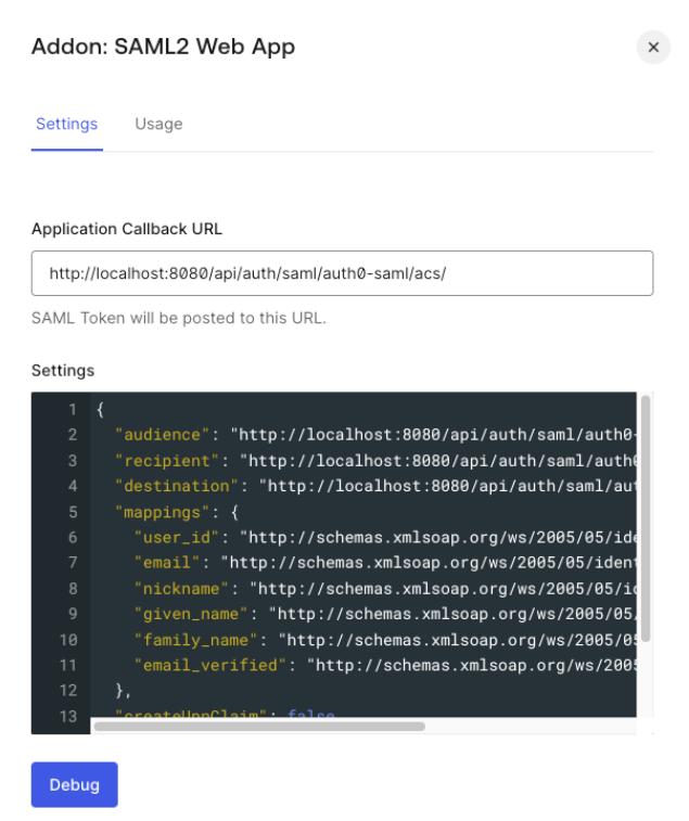Auth0 dashboard screen showing SAML2 WEB APP plugin configuring by adding Application Callback URL and SAML-specific settings
