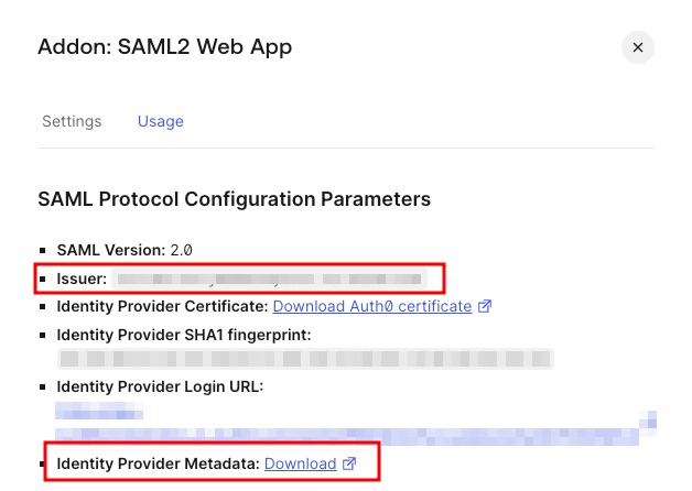 Auth0 dashboard screen showing SAML configuration parameters for the created SAML-based application
