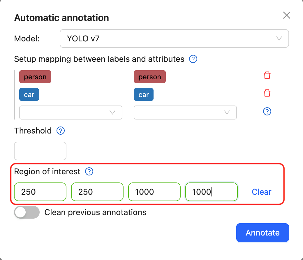 Automatic annotation dialog with Region of interest inputs