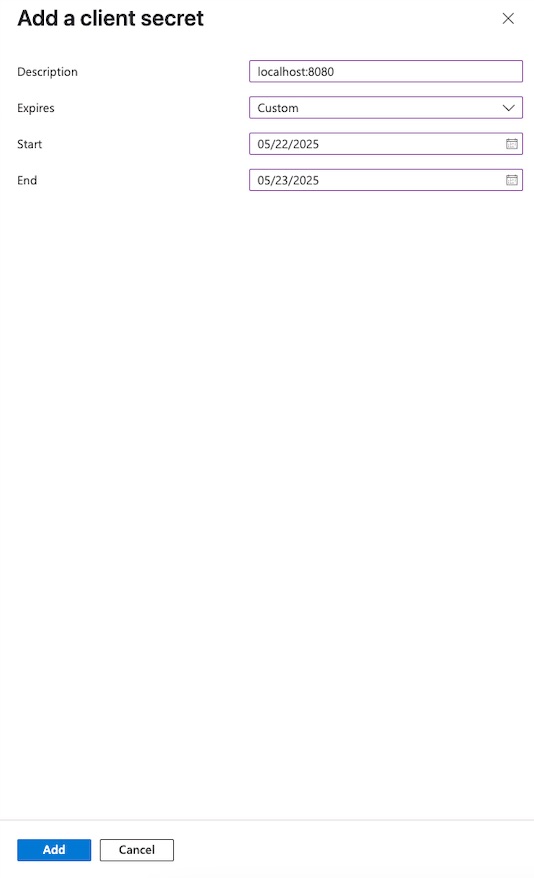Azure portal screen showing client secret creation form