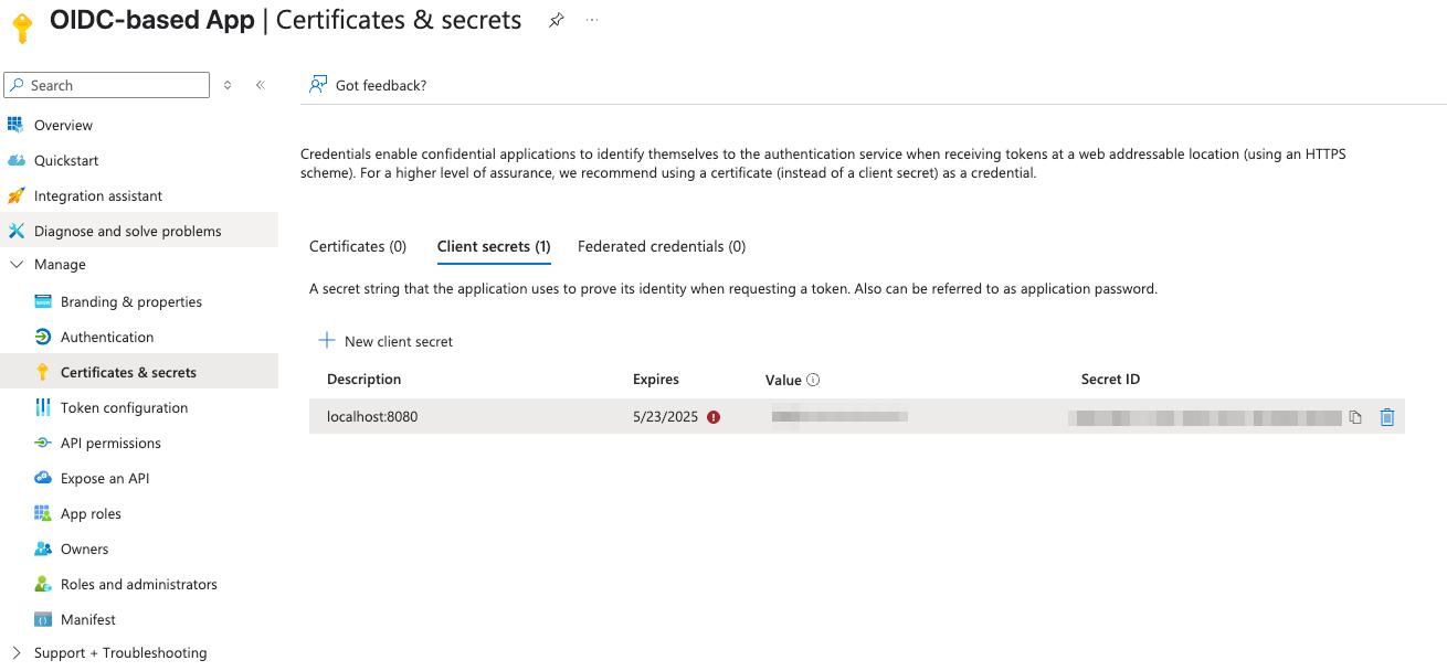 Azure portal screen showing the Certificates & secrets tab with a newly added client secret