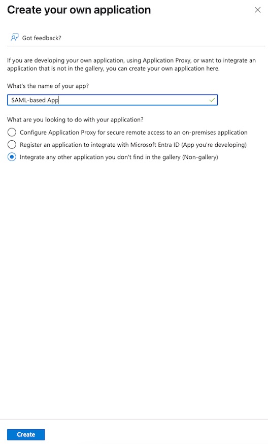 Azure portal screen showing a completed form for an enterprise application