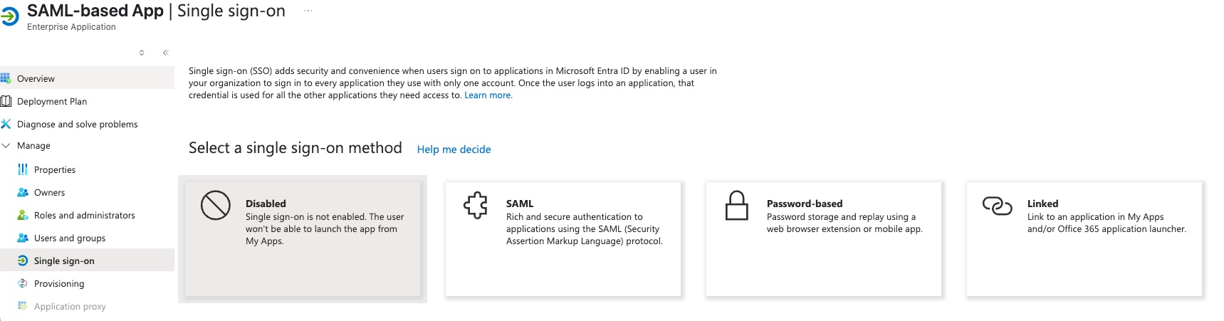 Azure portal screen where SAML is selected as the Single sign-on method for the application being configured