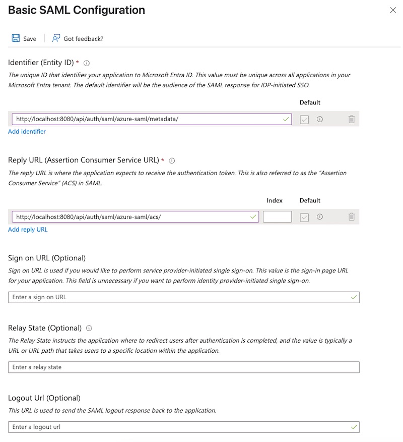 Azure portal screen with basic SAML-based application settings filled in
