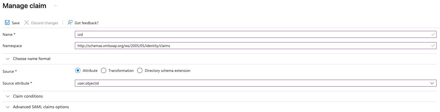 Azure portal screen showing the filled-in form for creating a new uid claim