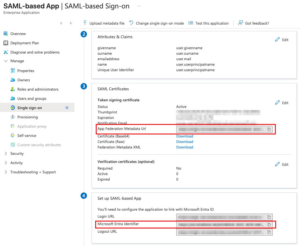 Azure portal screen displaying SAML-based application values required for CVAT integration