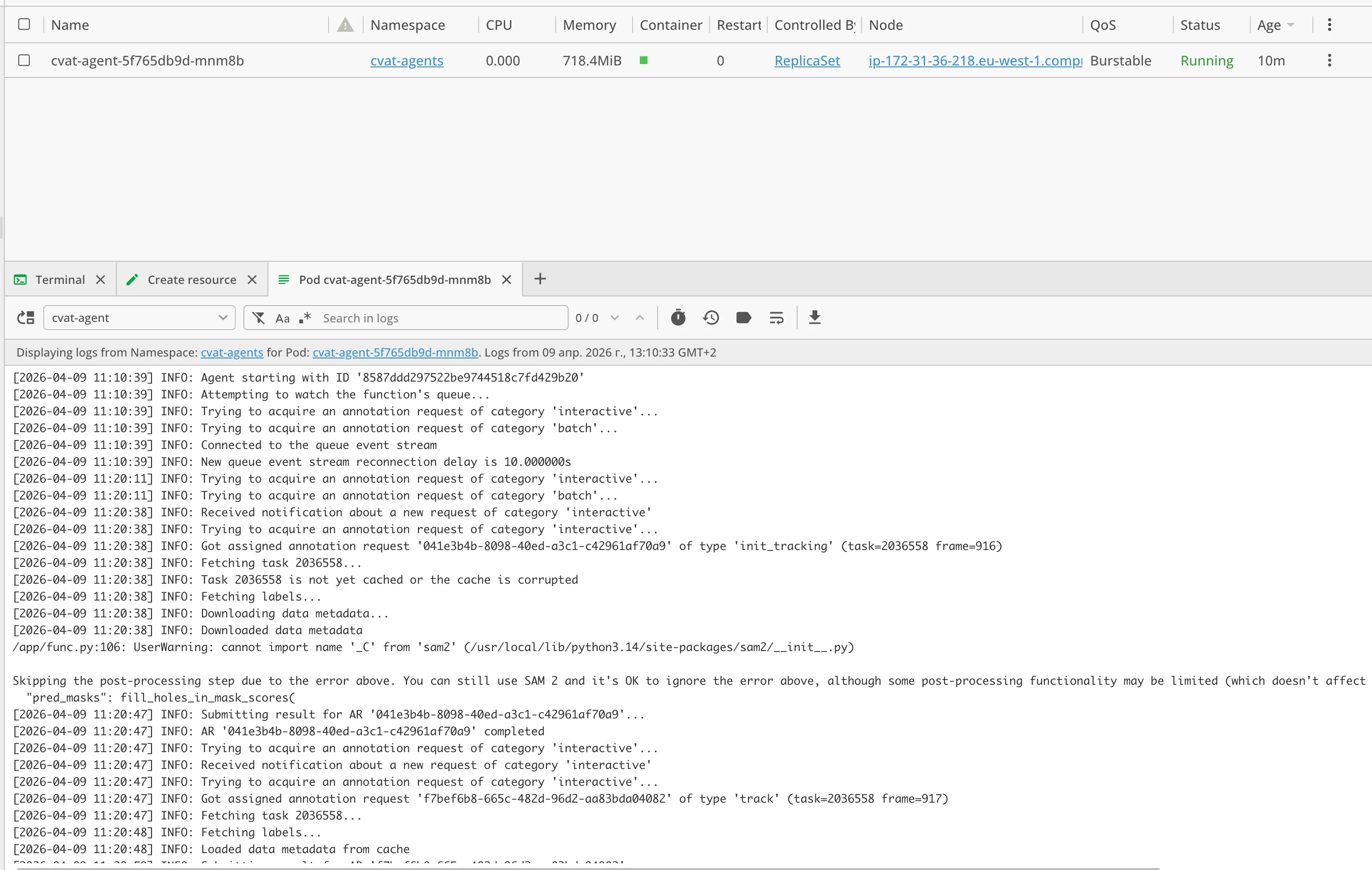 Agent processing task logs