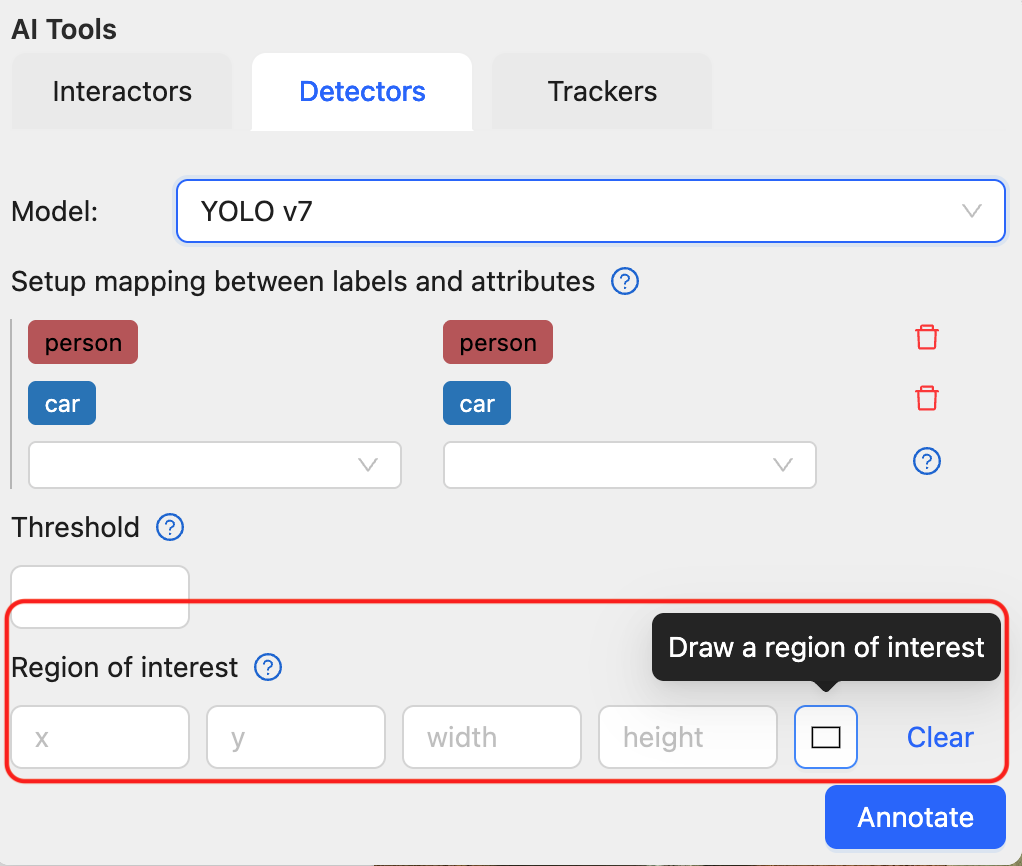 Detectors tab with Region of interest inputs
