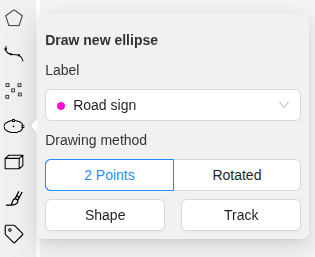 Highlighted “Ellipse” button with open “Draw new ellipse” window