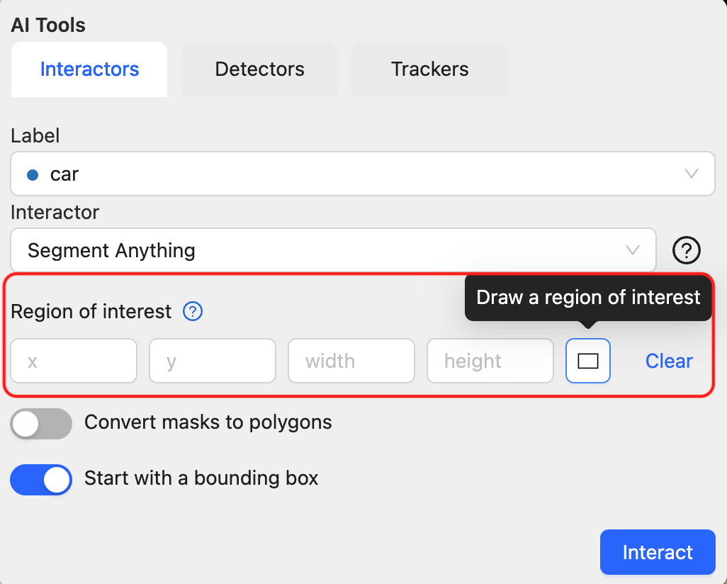 Interactors tab with Region of interest inputs
