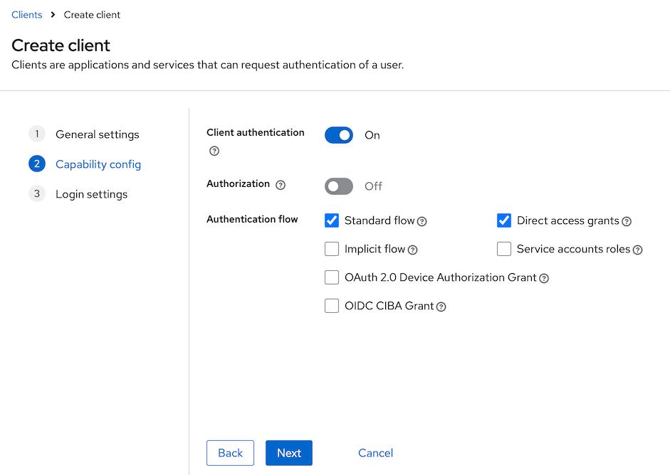 Keycloak admin console screen showing the client authentication option being enabled for the OIDC-based client being created