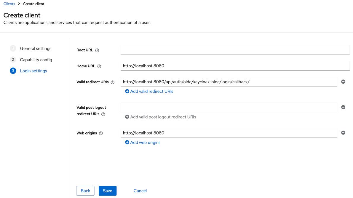 Keycloak admin console screen showing a completed form with login settings for the OIDC-based client being created