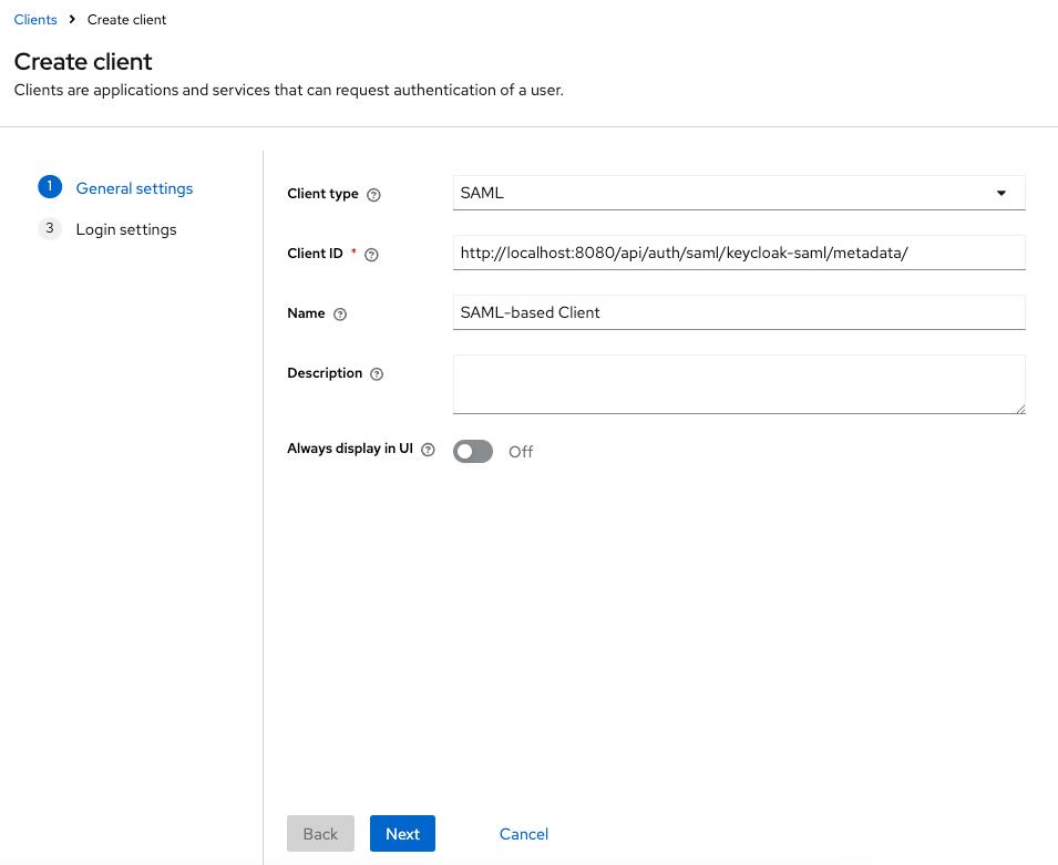 Keycloak admin console screen showing a completed form with general settings for creating a SAML-based client