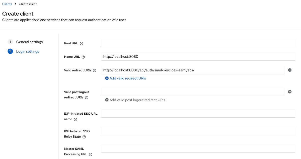 Keycloak admin console screen showing a completed form with login settings for the SAML-based client being created