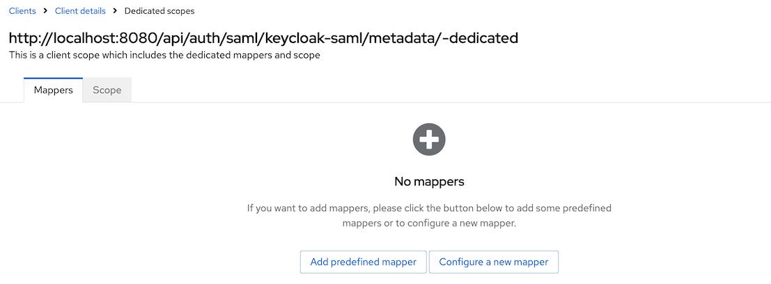 Keycloak admin screen showing that no mappers are configured yet for the created SAML-based client