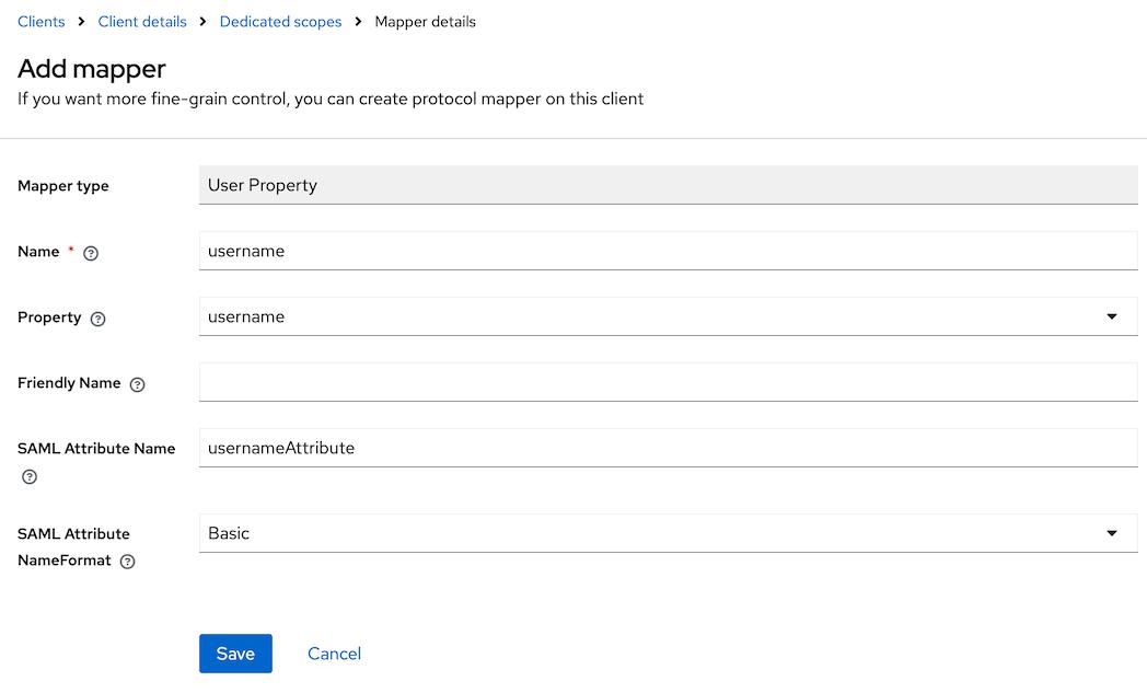 Keycloak admin screen showing a completed form for creating a mapper for the username attribute in a SAML-based client