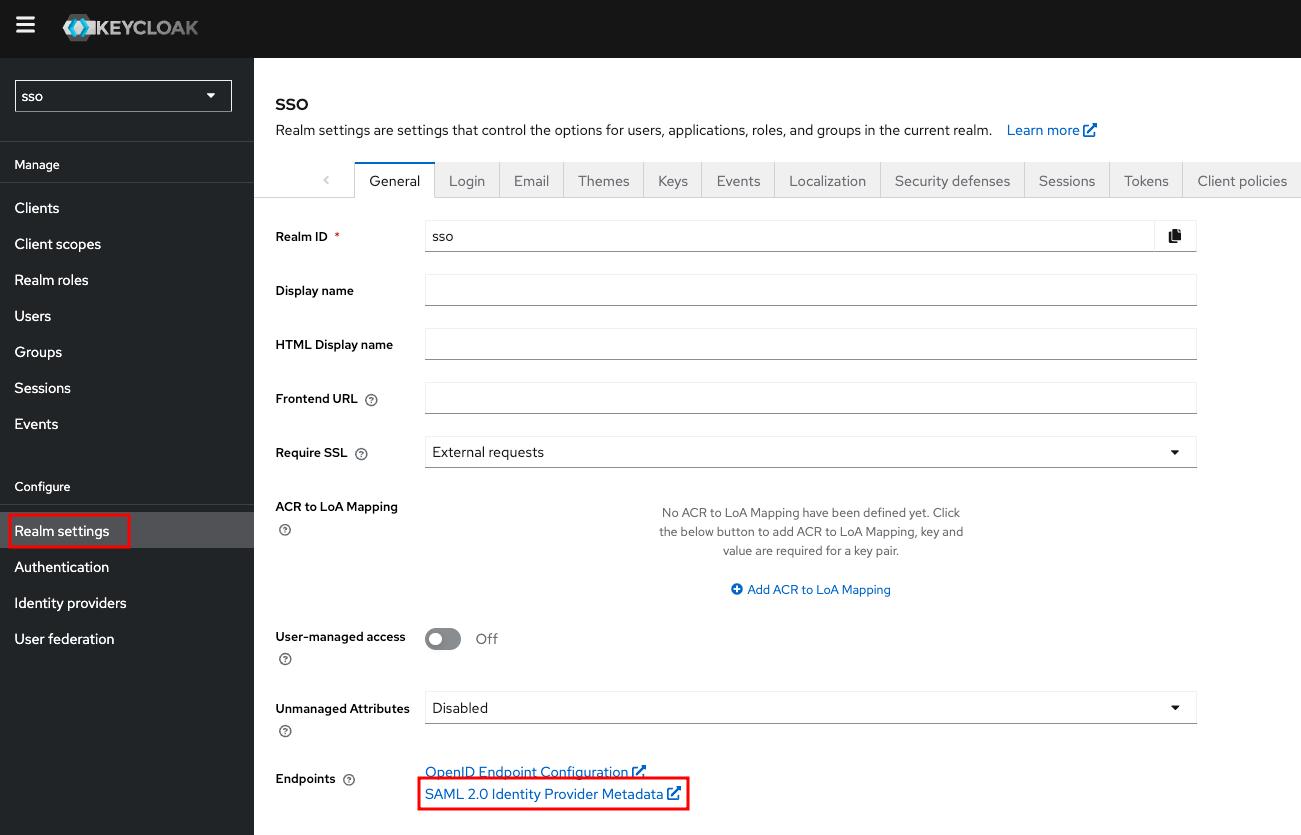 Keycloak admin screen showing the General tab of the realm with highlighted SAML Metadata URL