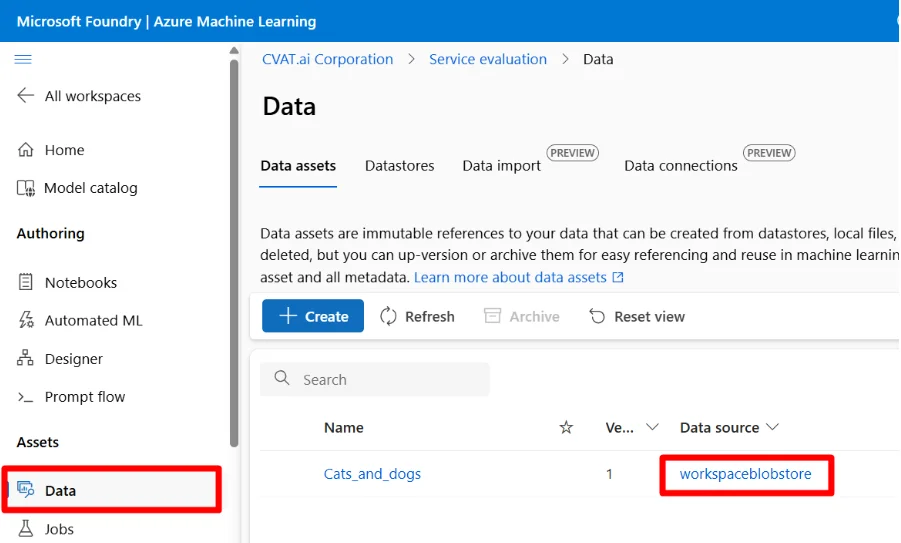 Assets > Data in Azure ML