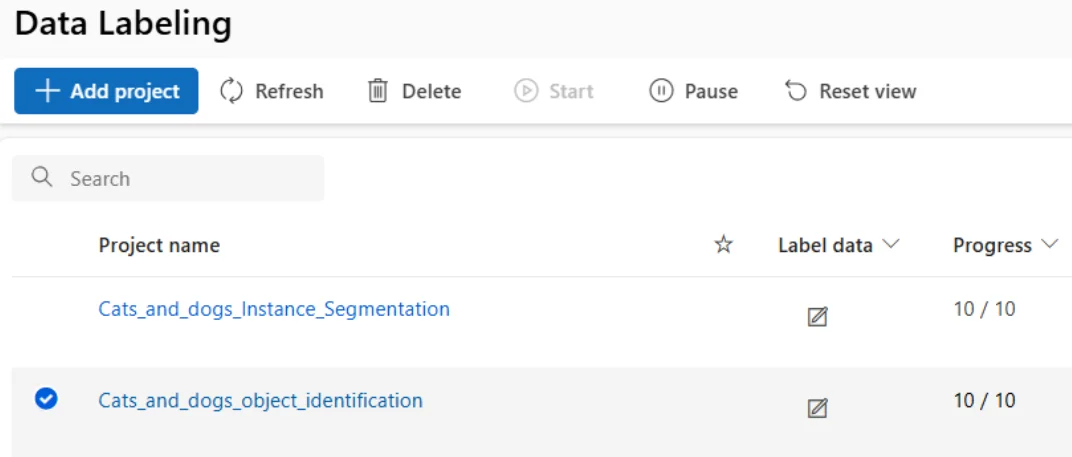 Azure ML Data Labeling project list
