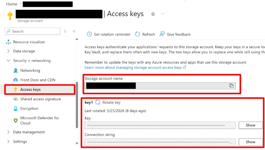 Azure Blob Storage account page