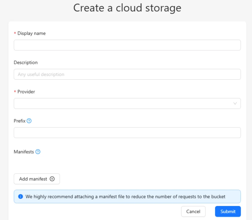 Cloud storage configuration form