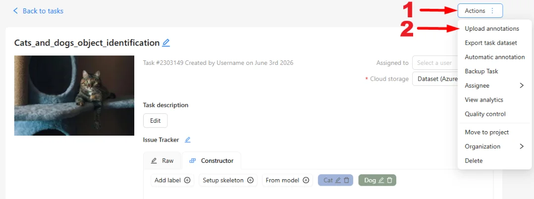 Actions menu with Upload annotations