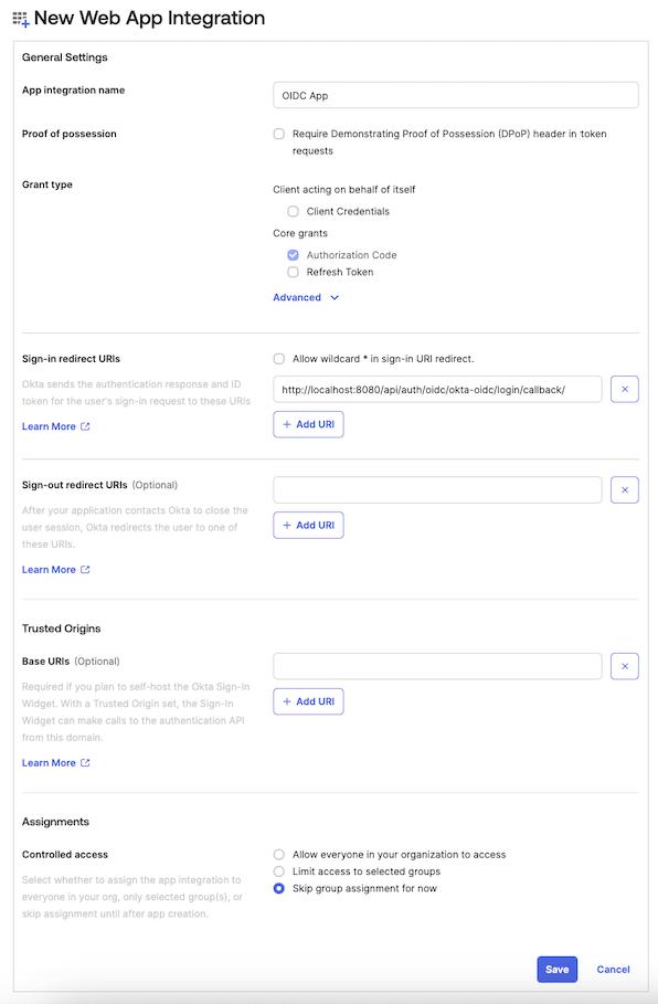 Okta admin dashboard screen showing a completed registration form to create an OIDC-based app integration