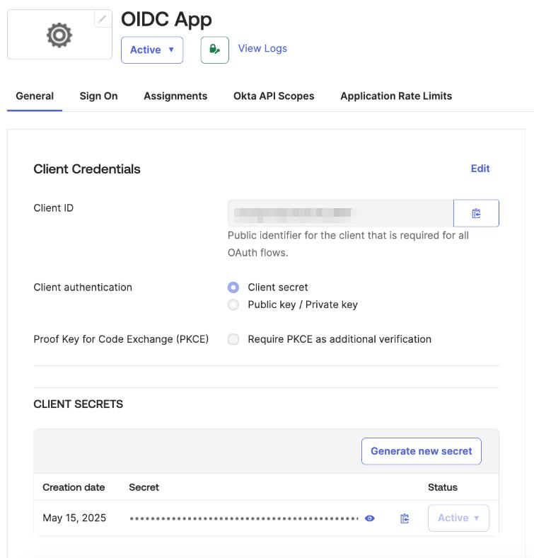 Okta admin dashboard screen showing Client Credentials for the created OIDC-based application
