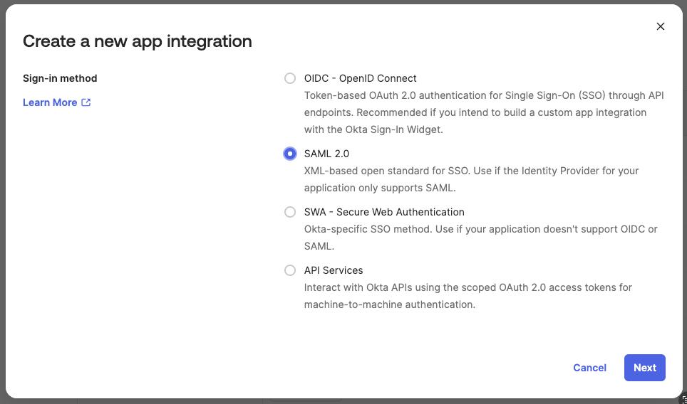 Okta admin dashboard screen showing the initial form to create a new app integration with SAML sign-in method