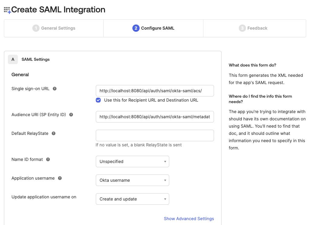 Okta admin dashboard screen showing a completed registration form to create an SAML-based app integration
