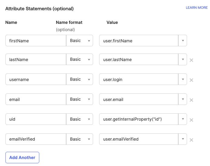 Okta admin dashboard screen with attribute statements configuration for the SAML-based application being created
