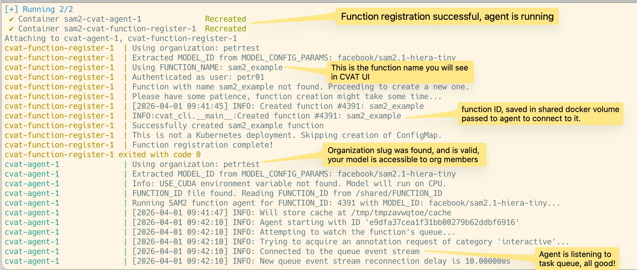 SAM2 agent compose console logs