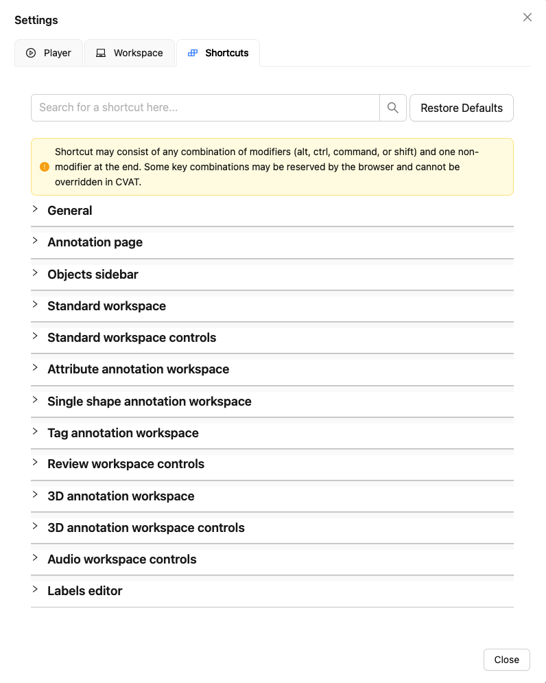 &ldquo;Shortcuts&rdquo; tab with customization menu