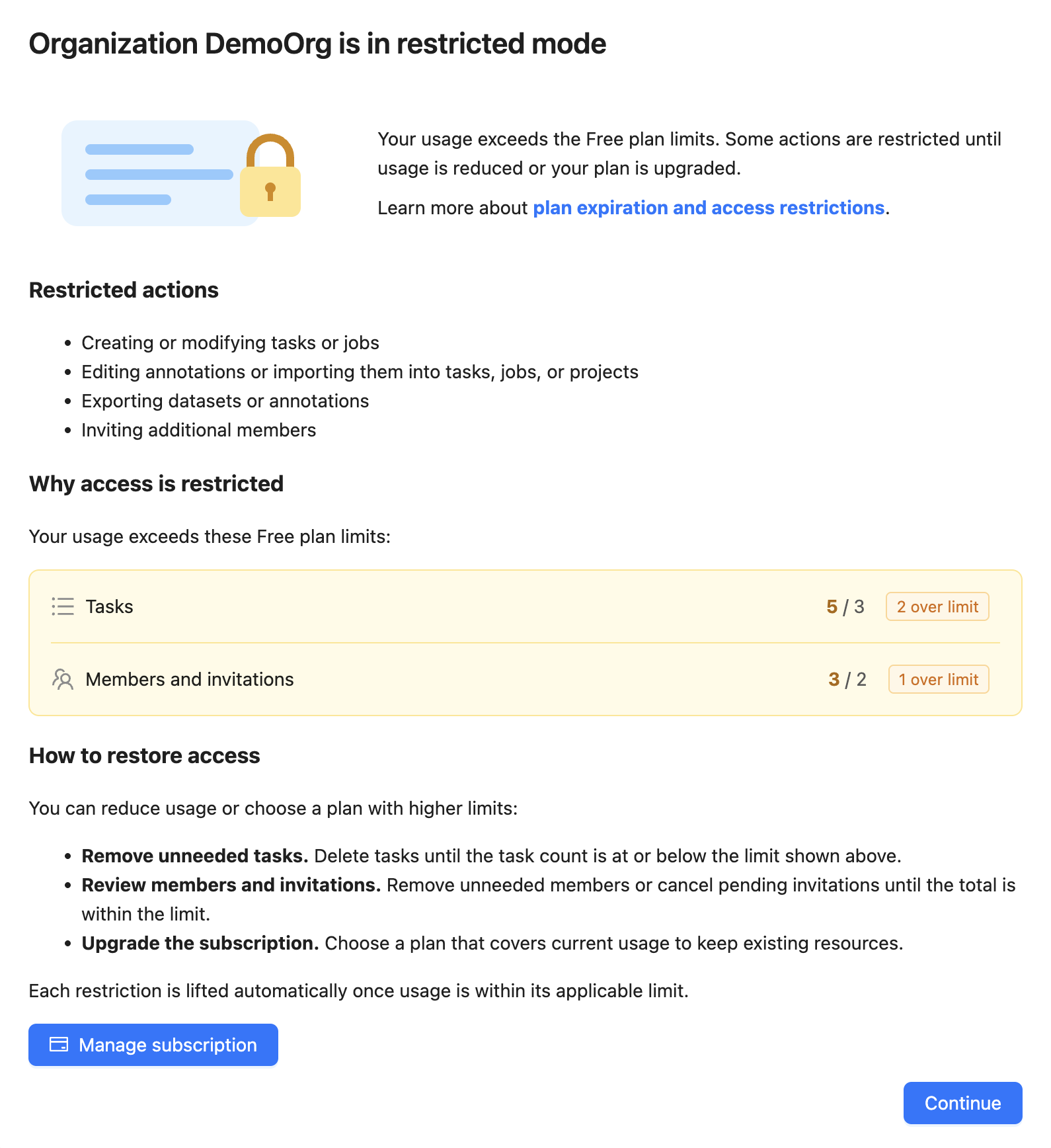 Restricted Mode dialog showing exceeded task and membership limits and recovery options