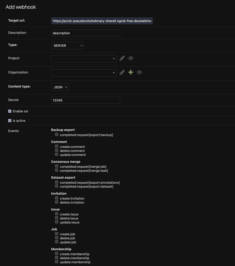 Add webhook form in the Django administration panel