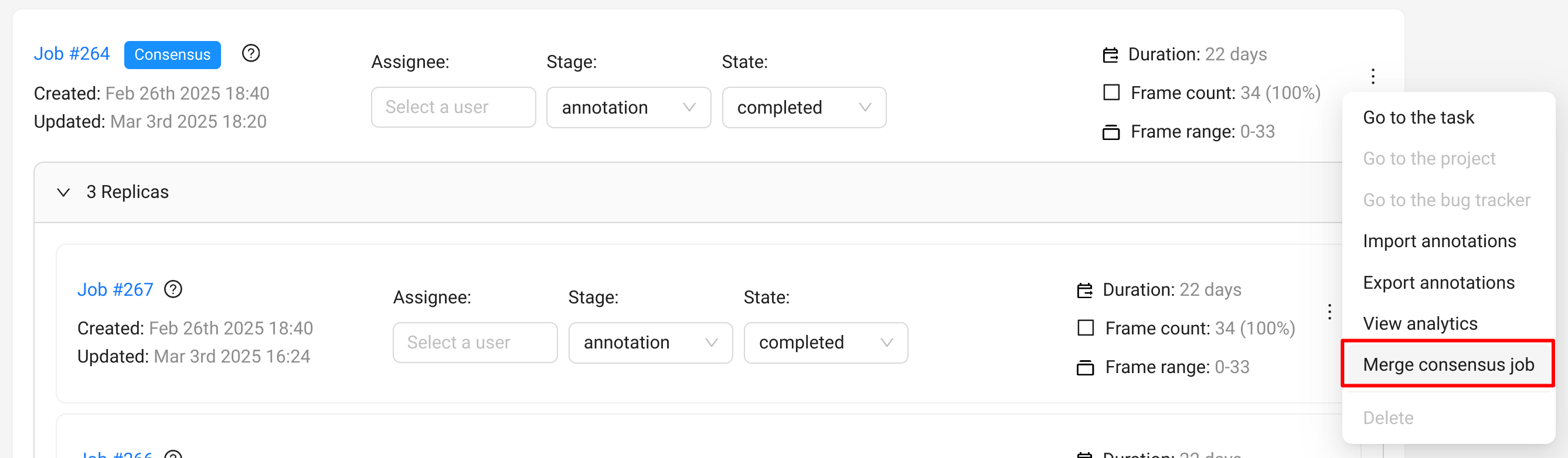 Job actions menu