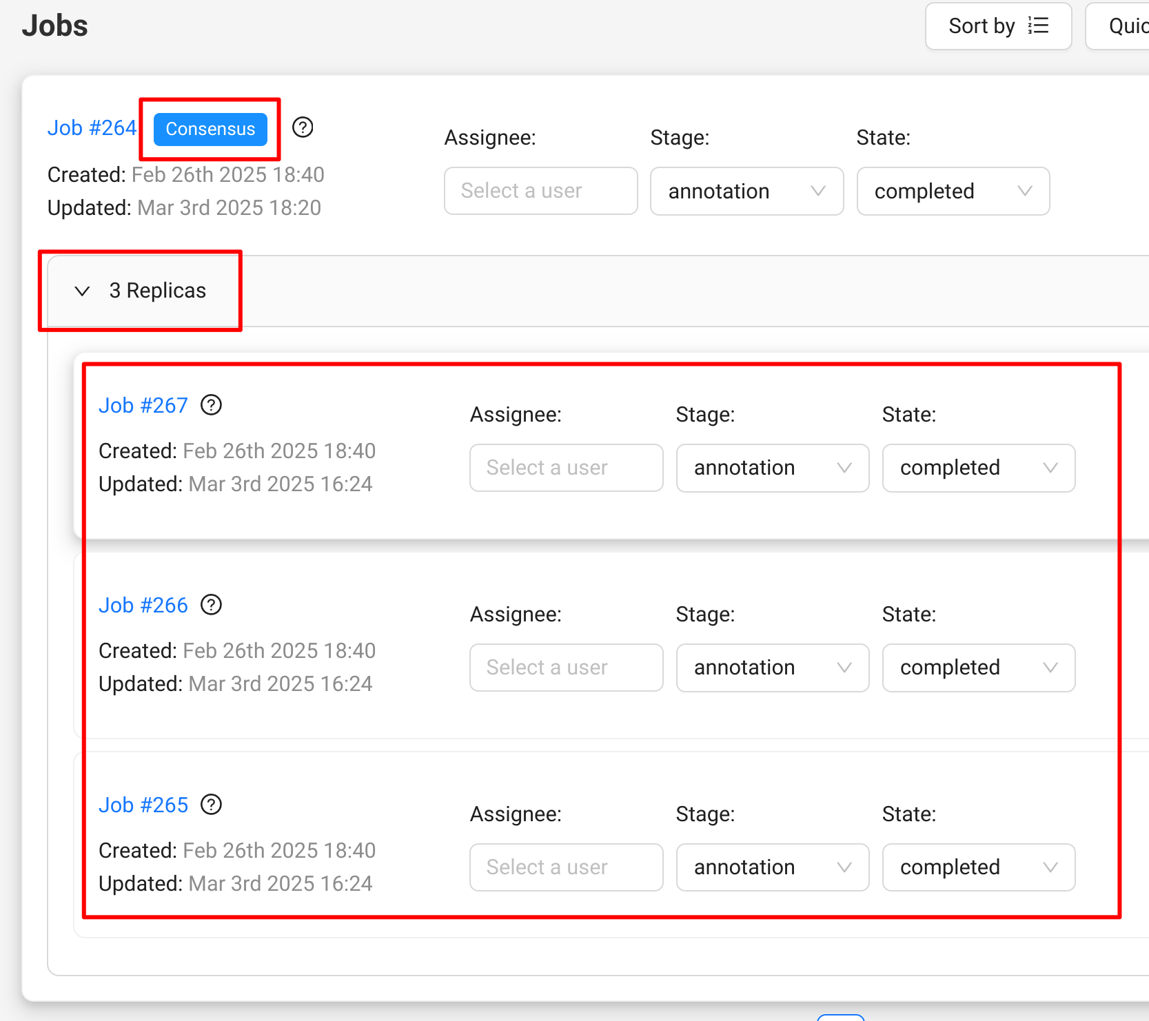 Consensus replica jobs in the task job list