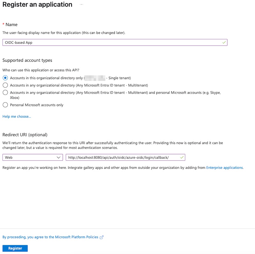 Azure portal screen showing a completed registration form for creating an OIDC-based application