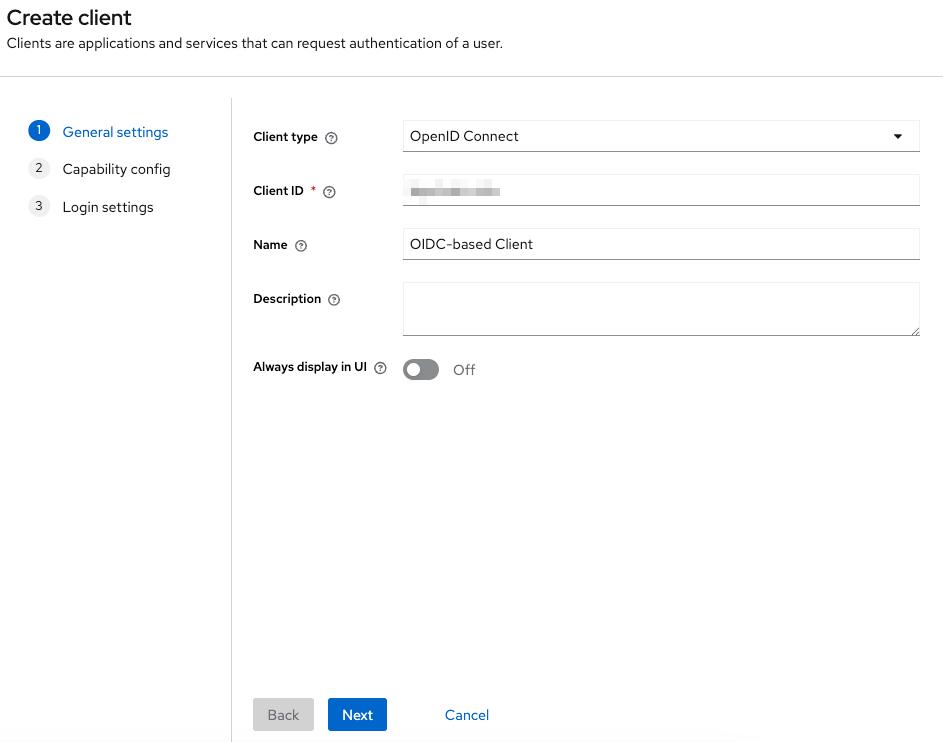 Keycloak admin console screen showing a completed form with general settings for creating an OIDC-based client