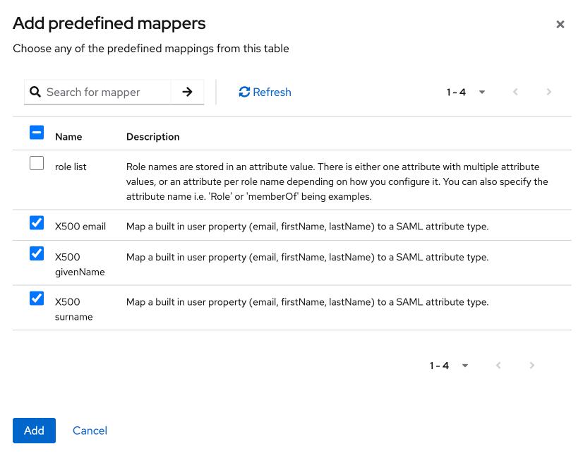 Keycloak admin screen showing a table of predefined mappers to be added to the created SAML-based client