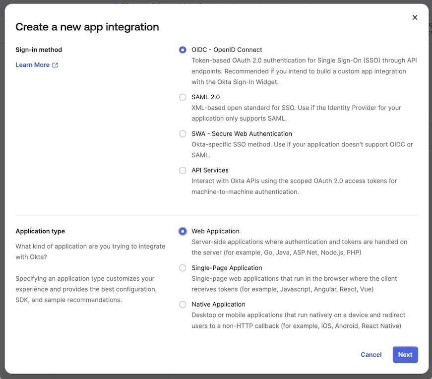 Okta admin dashboard screen showing the initial form to create a new app integration with the OIDC sign-in method and Web application type