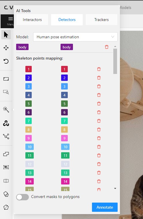 &ldquo;Detectors&rdquo; tab in &ldquo;AI Tools&rdquo; with drop-down menu for selecting model for automatic annotation with skeletons