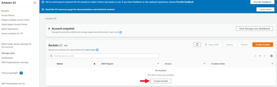AWS S3 interface with highlighted &ldquo;Create bucket&rdquo; button